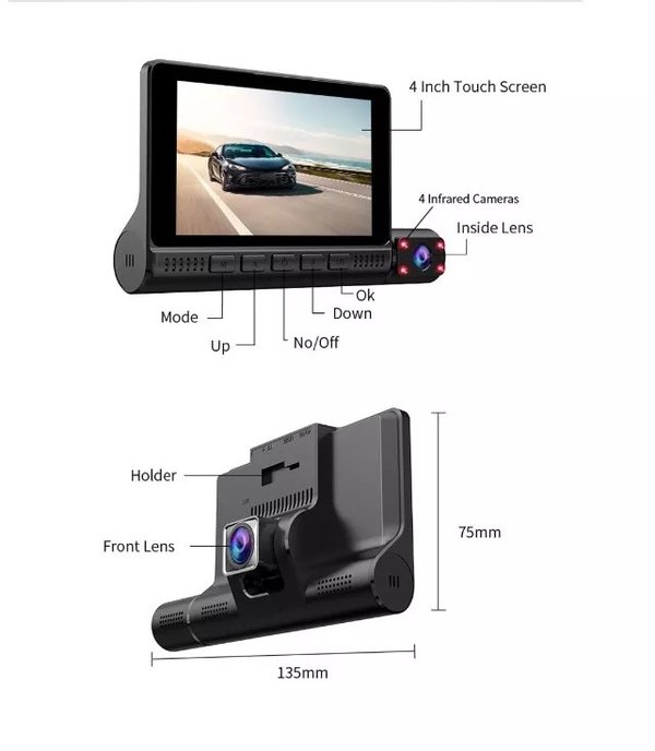 HL-FH909 Dashcam 3x lens Parking modus WiFi, GPS, Touch Screen 4 inch, met G-sensor, NIght Vision 