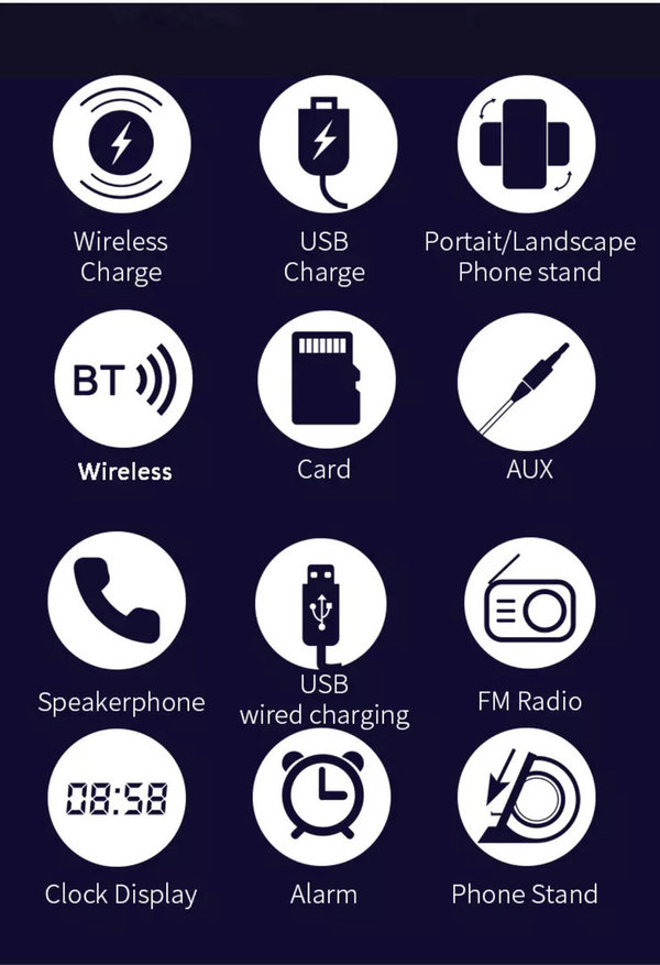 Wireless Speaker met draadloze Charger/muziek Led Display Klok/wekker/FM/AUX/TF-Card/Telefoonstand