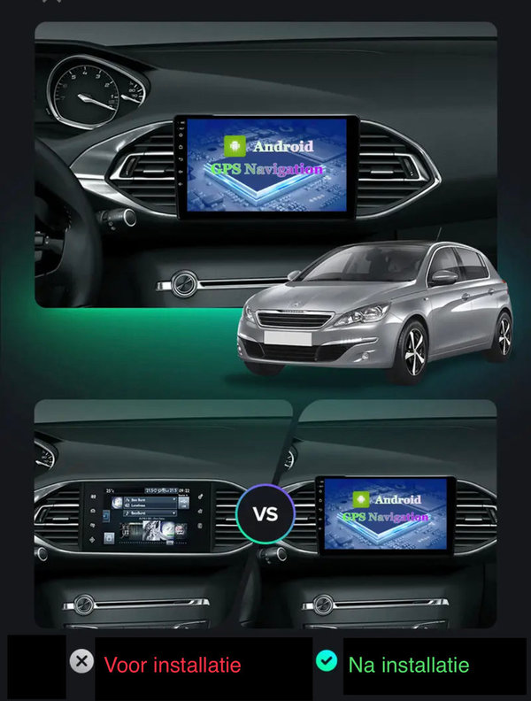 Autoradio 9 inch voor Peugeot 308 vanaf 2013-2020 Android 12 Carplay/Auto/GPS/RDS/DSP/NAV/4G/DAB+